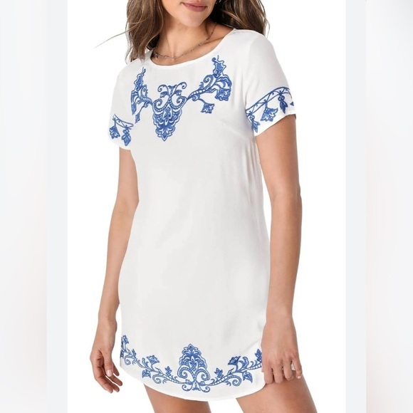 Lulus Tale to Tell Blue and Ivory Embroidered Shift Dress XL - Picture 1 of 6